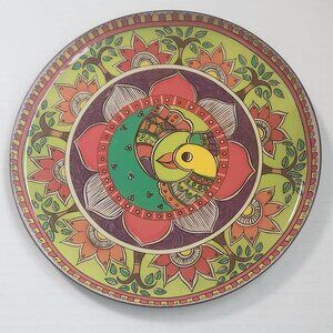 Ritualistic Madhubani Bird Mandala Metal Wall Plate 8” Boho Decor